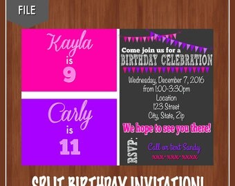 Pink & Purple Birthday Invitation - Sister Birthday Invitation - Split Birthday Invite - Twin Birthday - Double Party Invitation - Girls