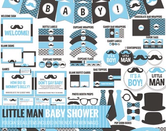 Blue Mustache Baby Shower Decorations - Printable Blue and Black Little Man Baby Shower Package - Baby Boy Shower Decor. Digital Download