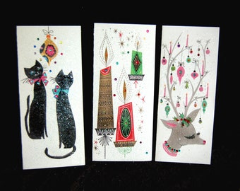 6 Christmas Cards, Vintage Retro Card, Glitter Christmas Card, Jeweled Christmas Card, Vintage Christmas Card, Reindeer Cat Candle Cards