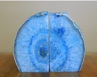 15% off Christmas in July Agate Book End -- Blue Dyed Half Geode Druzy Bookend Rock Formation - Lovely Book Ends 1-3 lb (BKE1)