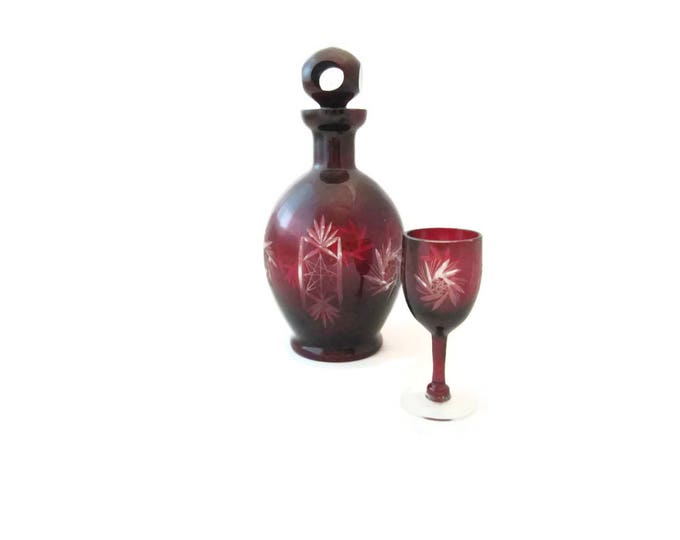 Antique Ruby Red Bohemian Glass Decanter / Art Nouveau Cut to Clear Fine Crystal / Czech Wine Spirits Boho Home Decor / Cordial Set Mom Teen