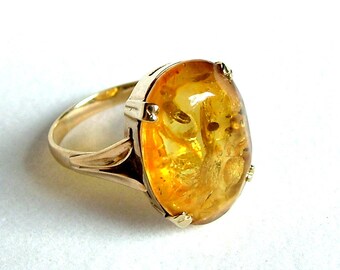 Art Deco Natural Baltic Amber Gold Ring * Large Amber Gold Ring * Natural Baltic Amber Ring * Baltic Amber Gold Ring * Amber Ring