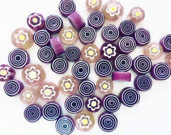 Lilac Memories 50/100 Handmade Millefiori Glass Beads for Mosaic Decoration, Murano Lampwork & Jewellery (3-6mm thick and 5-12mm diameter)