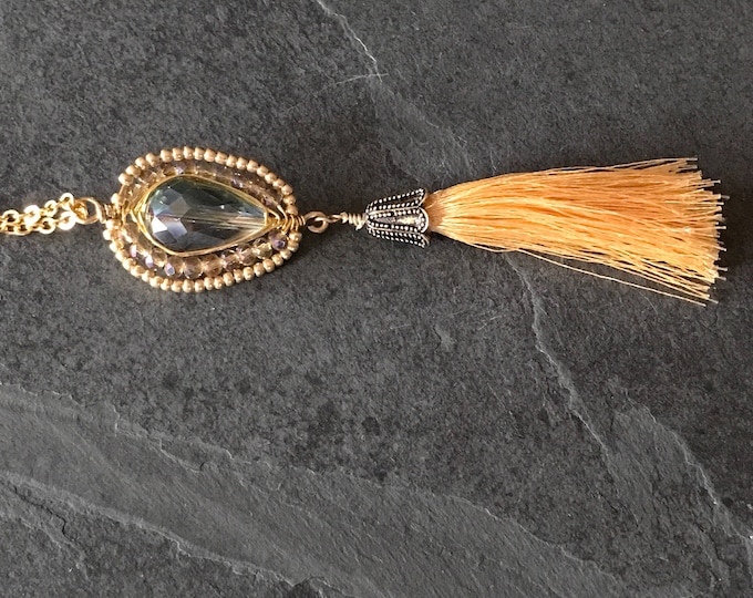 Gold Tassel Wire Wrapping Necklace, Tassel Necklace, Tassel green jewelry, long Tassel necklace