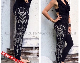 ARROW Bamboo Leggings, printed black Leggings, Sacred Geometry Feather FOL Leggings, Wiccan Tights, Moonphases Tribal Leggings Tights Pagan