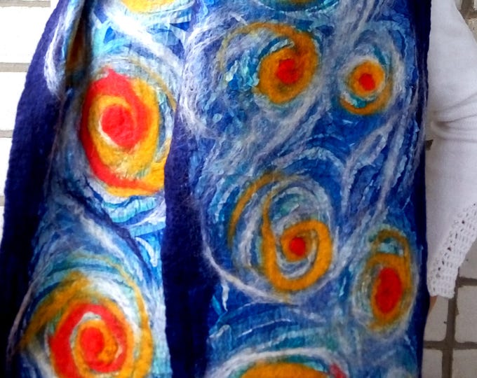 Christmas gift Starry night Felted scarf Handpainted scarf Wet felted Silk and wool Felted wool shawl Dark blue Gift for her Best friend