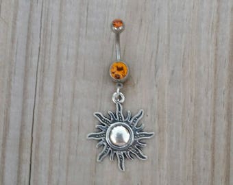 Carnelian Sun Belly Button Ring,Sun Belly Navel Ring, Belly Button Jewelry, Navel Piercing, Sun Body Jewelry, 14g Curved Barbell.