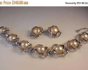 20% OFF SALE Vintage Hattie Carnegie Faux Pearl Crystal Rhinestone Silver Tone Bracelet and Matching Clip Earrings Demi Parure