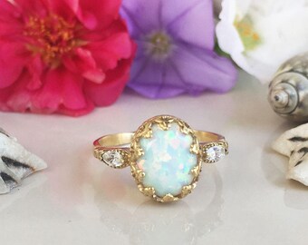 20% off- SALE! White Opal Ring - Statement Ring - Dainty Ring - Oval Ring - Bezel Ring - Gold Ring - Gemstone Ring - Opal Jewelry