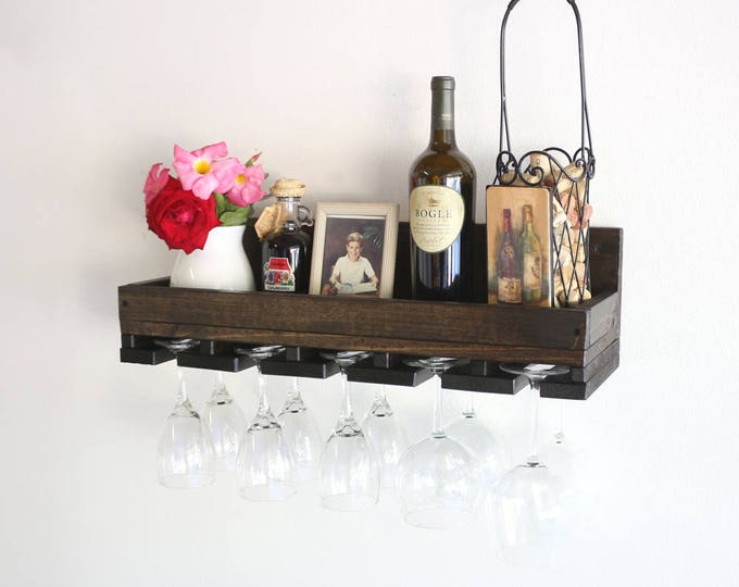 24" Rustic Wood Wine Rack Shelf & Hanging Stemware Holder Bar Organizer Rack