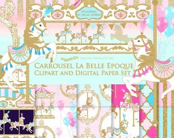 20% off Carousel / Gold Glitter Carousel / Carrousel La Belle Epoque Clip Art + Digital Paper Set - Instant Download