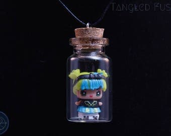 Quirky Glass Vial Necklace with MixieQ Figurine on Leather