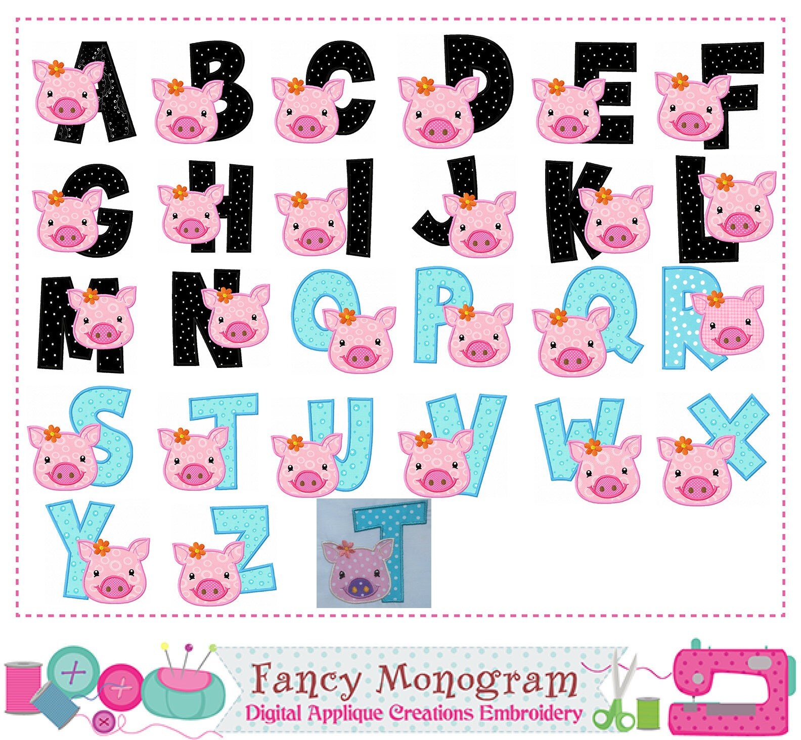 Piggy Letters applique,Pig Monograms applique,Birthday letters,Piggy,Alphabet design,Fonts,Girl