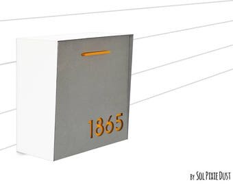 Modern Mailbox with Concrete Face,Pure White Aluminum Body and Yellow Acrylic , Custom Modern Mailbox, Wall Mounted Mailbox,Type 1