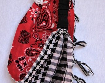Cotton scarf/headband. Black and white keffiyeh or traditional bandana. Reversible so you have two designs to match your mood and outfit.