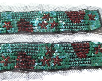SMALL BLACK LACE TRIM REBRODE SEQUIN AND PEARL IRIDESCENT EMERALD AND MAHOGANY 2.8/12 INCHES