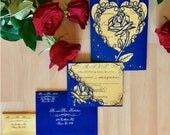Beauty and the beast inspired rose gatefold laser cut invitation with matching laser cut RSVP card suite be our guest