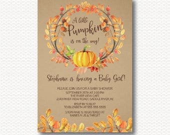 Little Pumpkin Baby Shower Invitation, Leaves, Leaf, Wreath, Floral, Autumn, Fall, KRAFT, Neutral Shower, Typography, Digital, Printable,