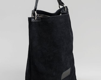 Comfortable Genuine Leather And Suede Tote Black Color, Huge Leather Suede Bag, Genuine Leather Shopping Bag, Black Suede Olalabags Tote