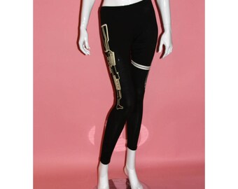 Black Leggings With Machine Guns Screen Print Pants Cotton Spandex Size S M L