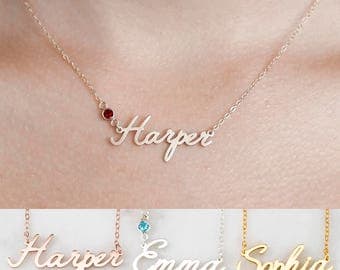 Custom Name Necklace with Birthstone • Dainty Name Necklace • Children Necklace • Tiny Name Charm • Bridesmaid Gift • Mother Gift • NH04F29