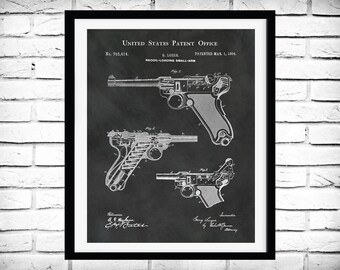 Patent 1904 Luger German Pistol Recoil Loading Firearm - Art Print - Poster - WWI Luger Firearm - Military Weapon - German Military gun
