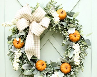 Fall Wreath ~ Pumpkin Wreath ~ Autumn Wreath ~ Fall Door Wreath ~ Eucalyptus Wreath