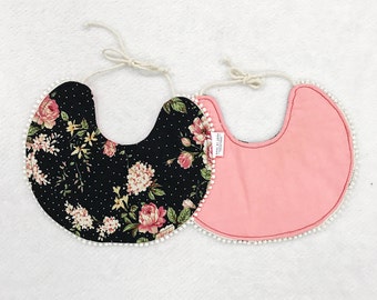 Girl Vintage Baby Bib - Lace Bib - Floral Bib - Reversible Bib  - Pink Bib