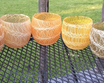 Vintage 1960's MCM Color Craft Rubber Spaghetti String Roly Poly Drinking Glasses Set of 7 Various Colors