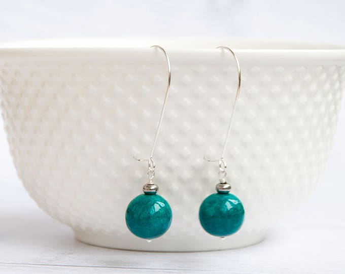 Emerald green earrings, Glitter earrings, Glitter ball earrings, Dark green earrings, Emerald color earrings, Green earrings dangle