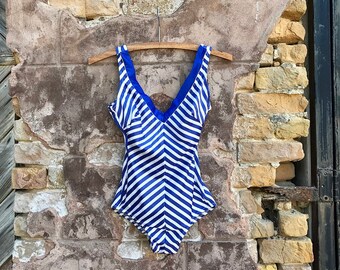 Vintage 1970's Sears Nautical Blue and White Striped One Piece Swimsuit Bathing Suit | xs