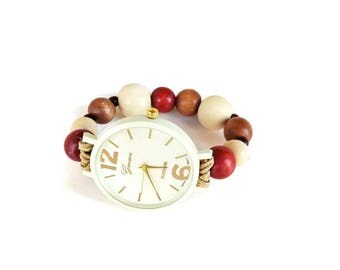 Wooden watch - Natural wood watch women - Wood pearl bracelet - Stretch bracelet - Pearl watch - From husband for wife gift - Ladies gift