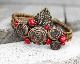 Boho beaded bracelet Birthday gift ideas|for|her Gift for friend Charm bracelet|for|women Brown bracelet Adjustable bracelet Textile jewelry
