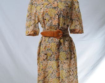 Vintage yellow orange floral print semi-sheer midi dress