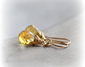 Citrine Earrings, Citrine Dangle Earrings in Gold, Small Citrine Gemstone Earrings, Gift for Her, November Birthstone Earrings, Blissaria