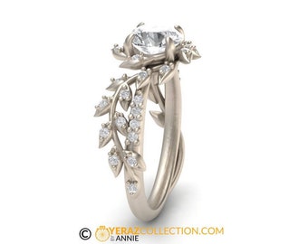 leaf engagement ringwhite gold 14kmoissanite center stonenature inspired diamond leaf - Nature Inspired Wedding Rings leaf engagement ringwhite gold 14kmoissanite center stonenature inspired diamond leaf - Nature Inspired Wedding Rings