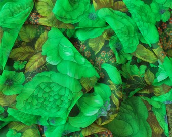 Sheer Polyester Dress Fabric - Toyobo - 1980's - Floral design in green,orange, brown, yellow ochre & white - Priced by the metre - Unused