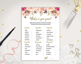 Whats in your Purse Game Printable Bridal Shower Purse Game Floral Bridal Shower Game Digital Purse Game Shower Activities Instant Download