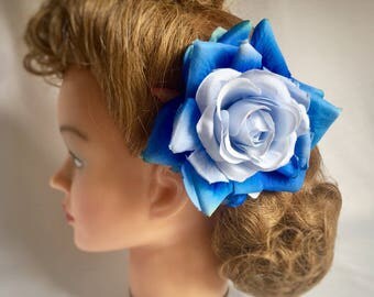Rose hair flower clip, handmade, blue hair flower, gift for her, vintage style, large hair flower, large rose, 40s style, large rose,