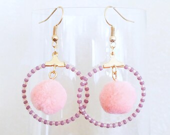 Pink Purple Alice in Wonderland Earrings with Pompom Pendant / Rose Violet Alice au Pays des Merveilles BO Miyuki Perles / Halloween