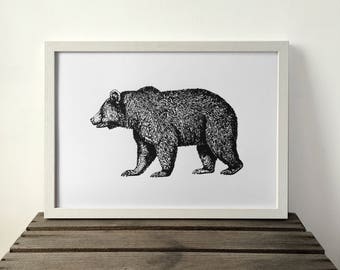 Bear Print, Grizzly Bear, Black and White Print, A3 Print, Animal Print, Poster, Wildlife Print, Screen Print, Gift Idea, Print, Nursery
