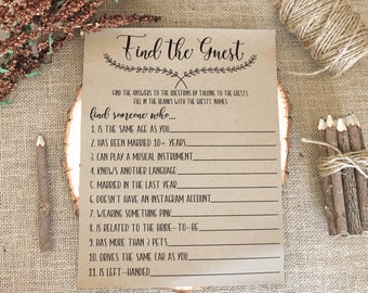 Find the Guest Game . Bridal Shower Games Printable Instant Download . Rustic, Kraft, Funny, Fun, Country Bridal Shower Game.