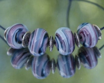 Handmade Lampwork Bead Set, White, Blue and Purple Swirls