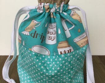 Project Bag, Knitting Bag, Knitting Project Bag, Drawstring Bag, Sock Knitting, Coffee Talk
