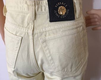 90s Versace Pastel Pale Yellow High-waisted Mum Mom Designer XS Extra Small 23