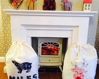 XL Personalised Christmas sacks, Handmade Large Personalised Santa Sacks, Appliqué Christmas Designs