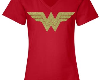 Wonder Woman Shirt Running Tank Top / Wonder Woman Marathon with Gold Shimmer WW Logo / Costume / Women's V Neck T Shirt / Wonder Women Tee