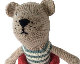 Beach Bear-hand knitted toy softie -ready to ship-green suit