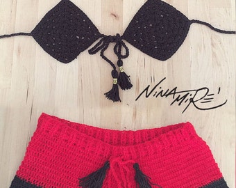 Crochet beachwear combo set by Nina Mire' - Black, Red