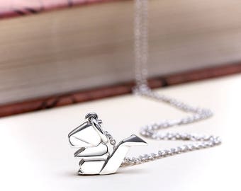 Cute Origami Squirrel Necklace | Sterling Silver Squirrel Charm Necklace | Origami Chubby Squirrel Pendant Animal Jewelry